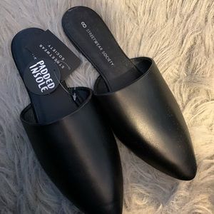 Black Leather Slip On Mules